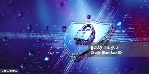 A 3D digital illustration of a metallic padlock centered on a glowing blue shield, surrounded by flowing data streams and circuit board patterns on a dark blue background.