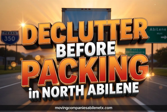 SEO Focused: Declutter before packing in North Abilene TX moving tip graphic with highway background.