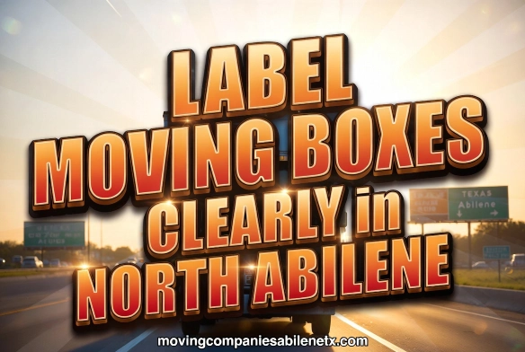 SEO Focused: Label moving boxes clearly in North Abilene TX tip with a moving truck on highway background.