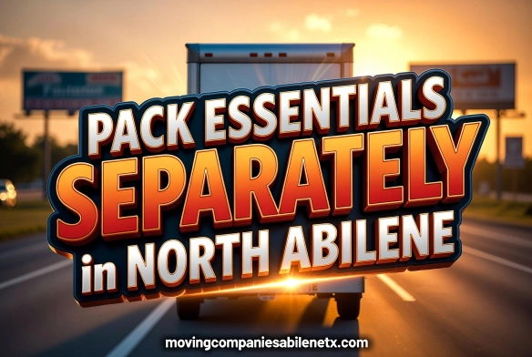 SEO Focused: Pack essentials separately for moving in North Abilene TX tip with a moving truck on highway.