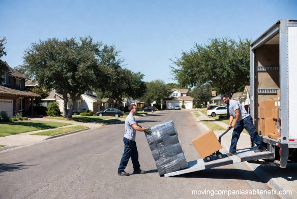 Professional movers carefully navigating tight interior hallways and narrow stairwells inside a historic pre-1970 residential home.