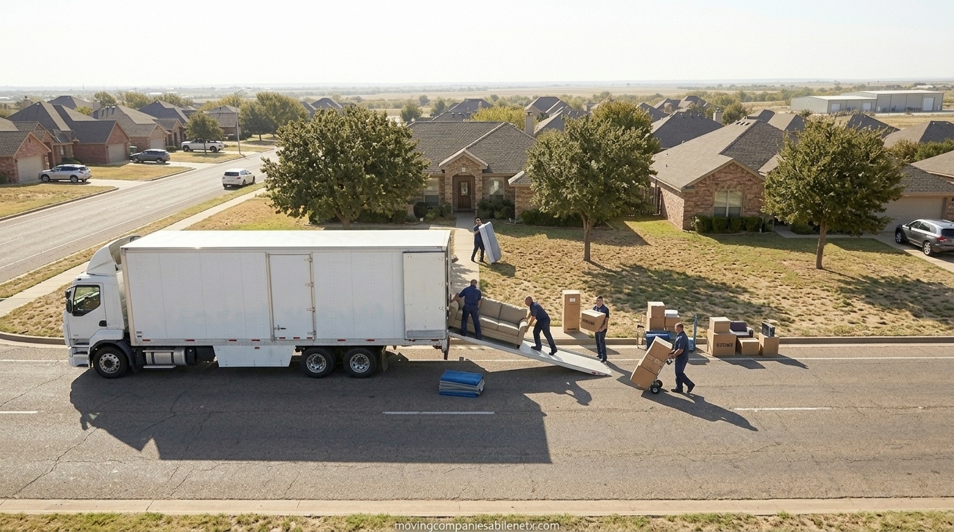 Movers loading residential furniture and boxes into a moving truck for a relocation from Abilene to Clyde, Texas.