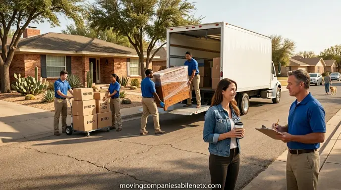 A busy residential street near Abilene Christian University with a professional moving truck loading furniture.