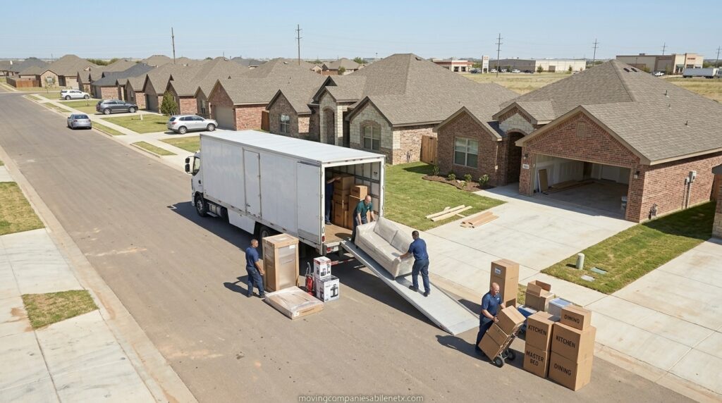 Large moving truck parked outside a newly constructed home at Callahan
