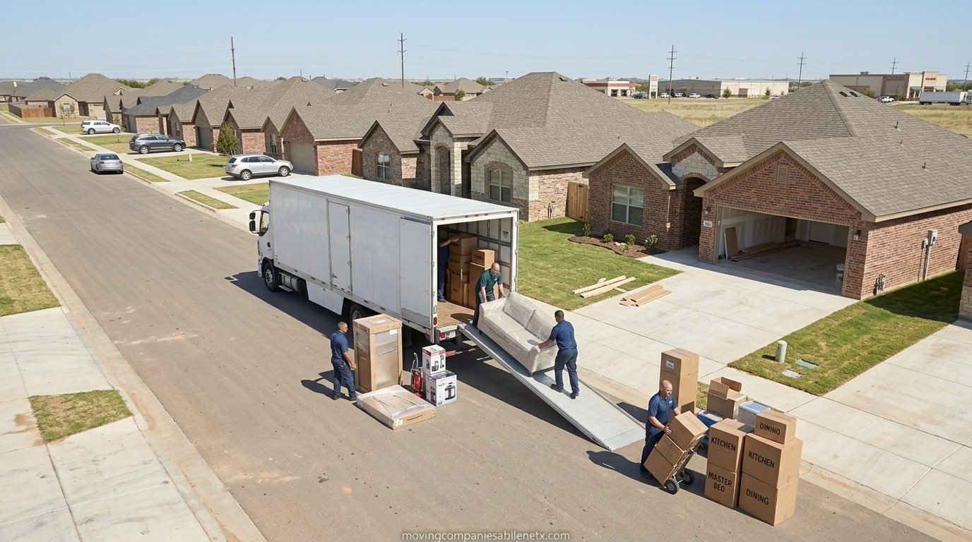 A professional moving truck unloading household boxes at a newly constructed home in the Callahan Bayou neighborhood of Clyde, Texas.