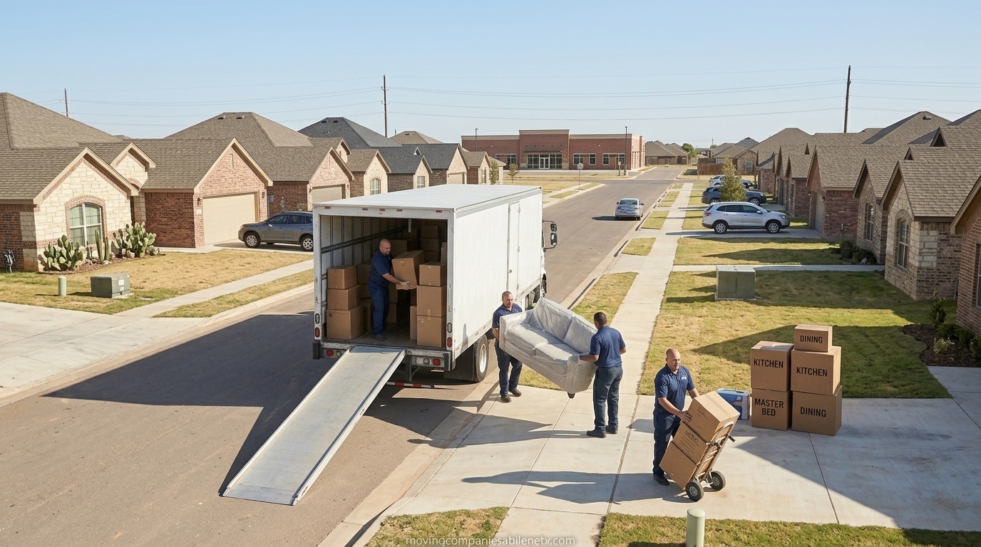 Professional movers loading household furniture into a truck during a relocation from Clyde to Abilene, Texas.