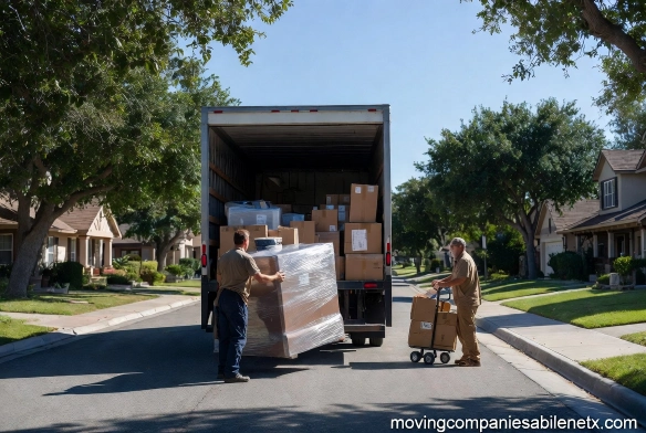 A moving truck carefully parked on a residential driveway near Elm Creek, showcasing the logistics of creek-side property access.