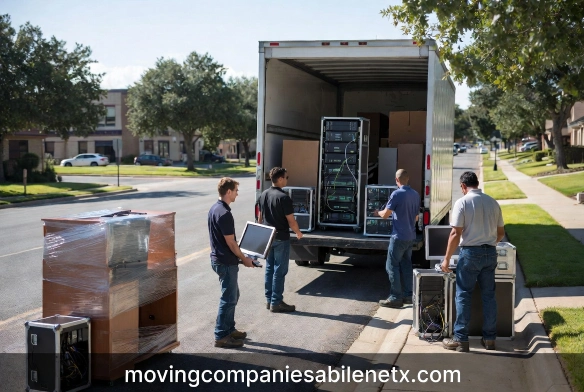 Professional office movers carefully packing computer monitors and IT equipment.