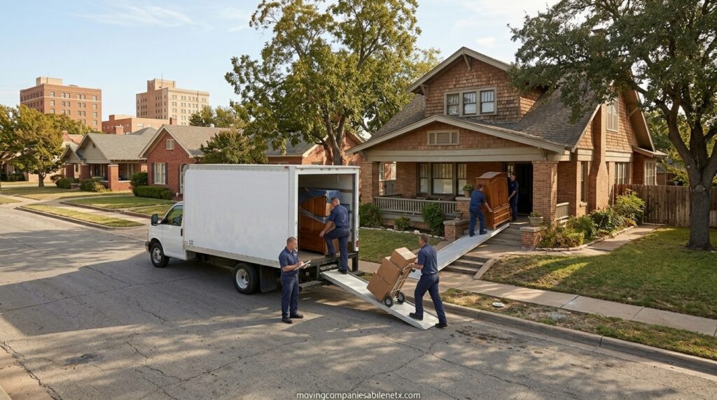 A moving truck navigating a narrow alleyway to access an older brick building in the established downtown core.
