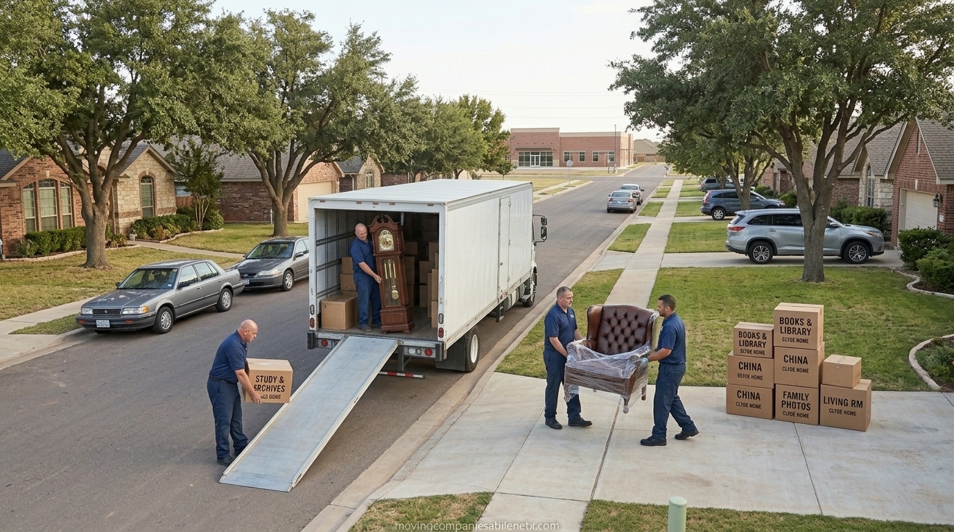 Professional moving crew gently packing household belongings and vintage furniture inside an established family home in Clyde.