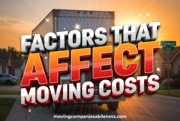 Alt Text: Large moving truck on Elmwood Ave with bold 3D text overlay reading Factors That Affect Moving Costs.