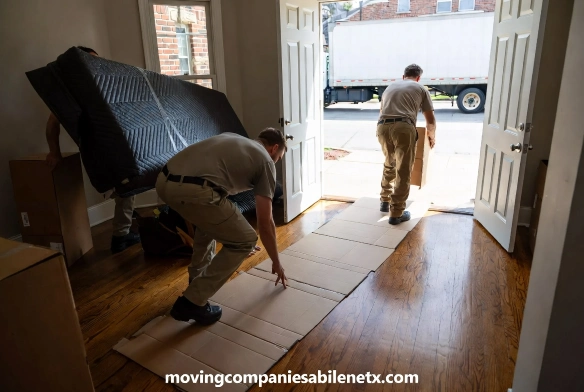 Heavy furniture legs resting on thick felt pads over a polished oak hardwood floor.