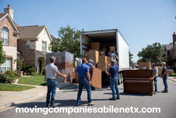 "A large professional moving team loading a piano, wrapped furniture, and cardboard boxes into a transport truck in a residential neighborhood."