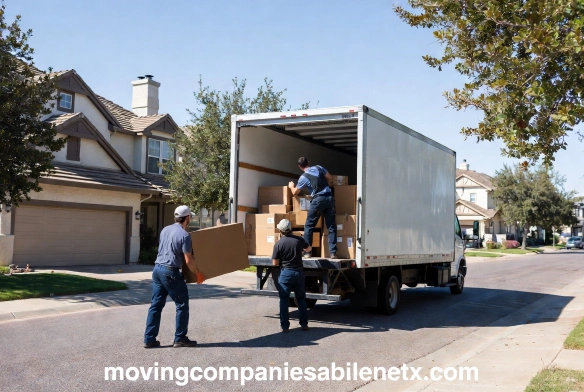 A professional long-distance moving truck traveling on the highway leaving Sweetwater, Texas, under a blue sky.