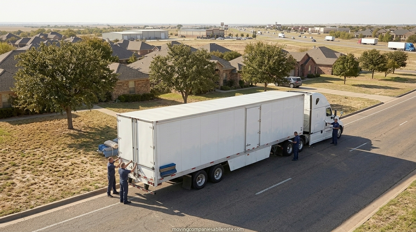 A large interstate moving truck departing Clyde, Texas, loaded with residential household goods for a long-distance relocation