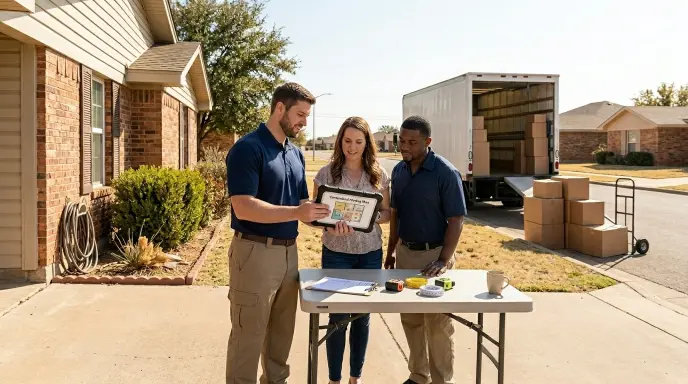A professional moving crew arriving at a residential property at the start of their confirmed moving window.