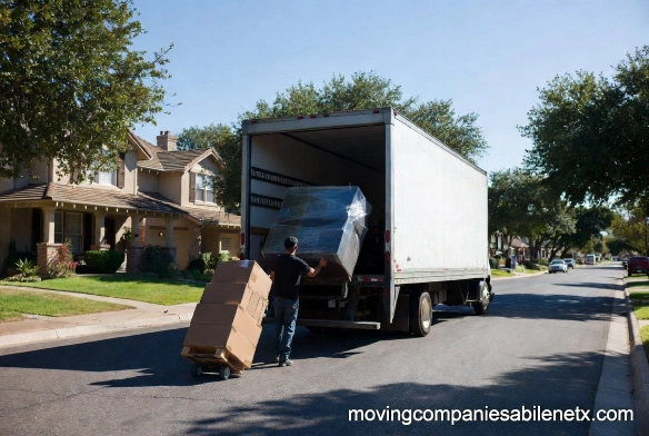 Professional local movers loading residential furniture and boxes into a moving truck in the Elmwood neighborhood of Abilene, Texas.