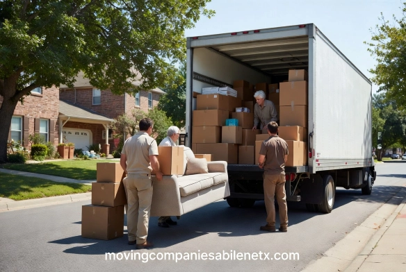 Movers carefully navigating a narrow stairwell with furniture in an older mid-century apartment building near a college campus.
