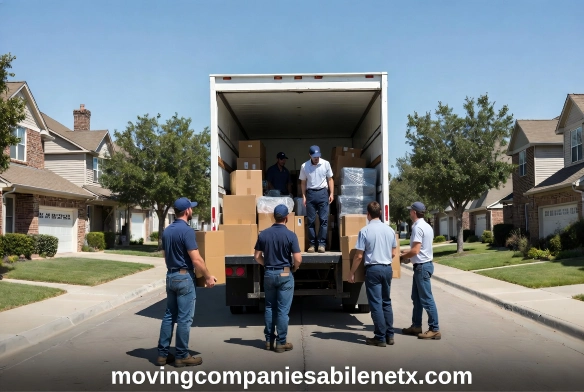 "A professional moving crew in matching blue uniforms and caps loading cardboard boxes into a white transport truck on a sunny residential street."