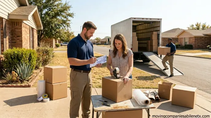 A professional mover placing a couch in a living room while reviewing a floor plan with the smiling homeowner during the final walkthrough.