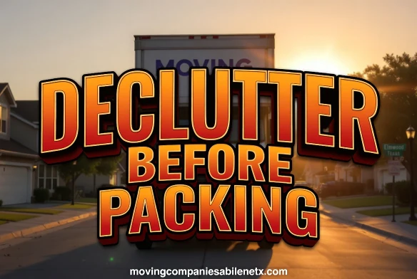 Alt Text: Rear view of a large white moving truck on a suburban street with bold 3D text overlay reading Declutter Before Packing.