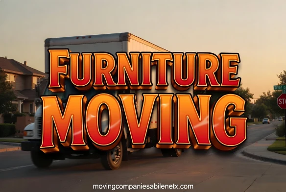 Alt Text: Large commercial moving truck driving down a suburban neighborhood street with bold 3D text overlay reading Furniture Moving.
