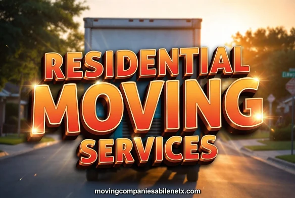 Alt Text: Rear view of a large white moving truck on a residential street with big bold 3D text overlay reading Residential Moving Services.