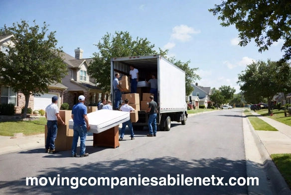 "Professional moving crew carrying a white mattress and stacking cardboard boxes into a large moving truck on a suburban street."