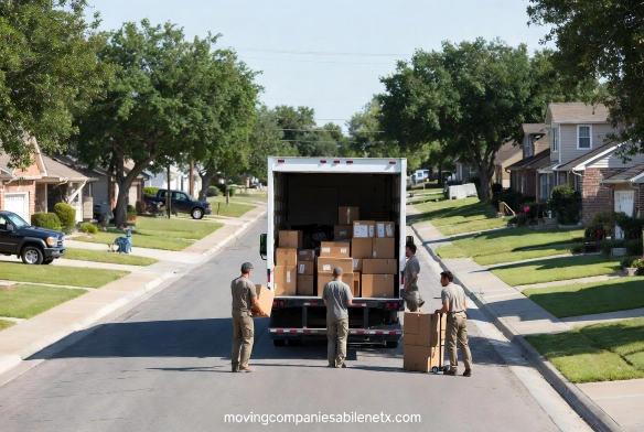 A professional mover assisting an older adult couple with packed moving boxes near the Rose Park Senior Activity Center area in Abilene, Texas.