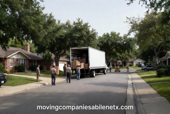 A modern moving truck tightly maneuvering between cars parallel parked on both sides of a narrow 1950s residential road.
