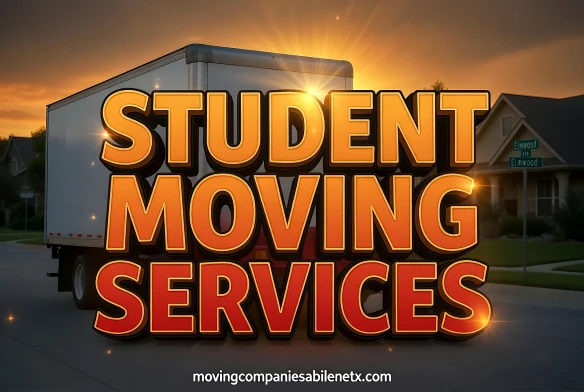 A large moving truck parked on a residential street at sunset with the bold, 3D text "STUDENT MOVING SERVICES" overlaid in front.