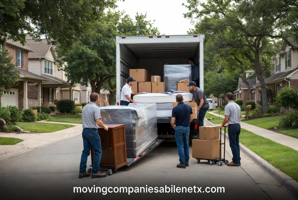 Professional movers wrapping a wooden dresser in protective blankets and stretch wrap.