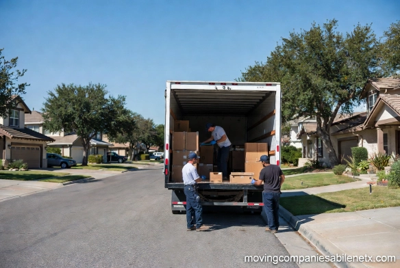 Professional movers in South Abilene loading a moving truck with furniture and secure boxes outside a residential home.