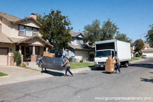 A local moving truck navigating a quiet, tree-lined residential street in Elmwood, Abilene TX, past historic homes.