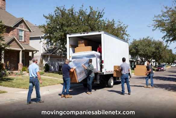 Professional moving labor helpers carefully loading a couch into a rental truck.