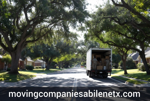 A large moving truck carefully driving down a residential street under a low-hanging canopy of mature oak trees.