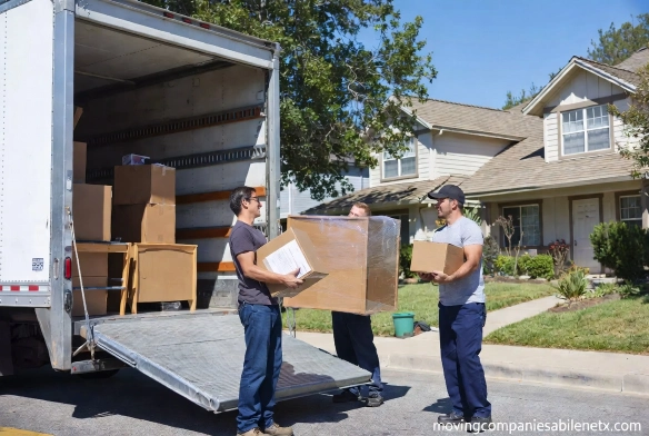 Professional movers carrying heavy furniture and boxes down a long driveway from a large estate home to a moving truck.
