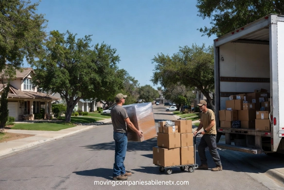 Friendly professional movers assisting an elderly senior citizen with packing boxes and downsizing items in a South Abilene home.